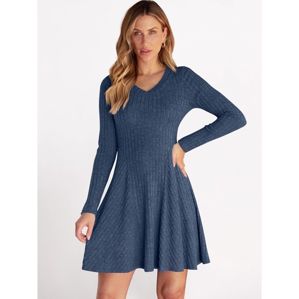 Women's Long Sleeve Ribbed Short Dresses V Neck Swing Sweater Dress Dark Blue - Picture 7 of 7